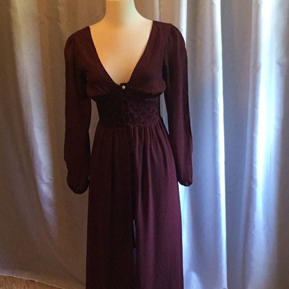 Maxi dress in deep plum with lace front, button front closures, open back in sm